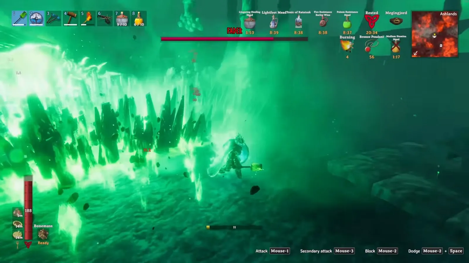 Fader's fissure attack erupting into green spikes and fire next to the player