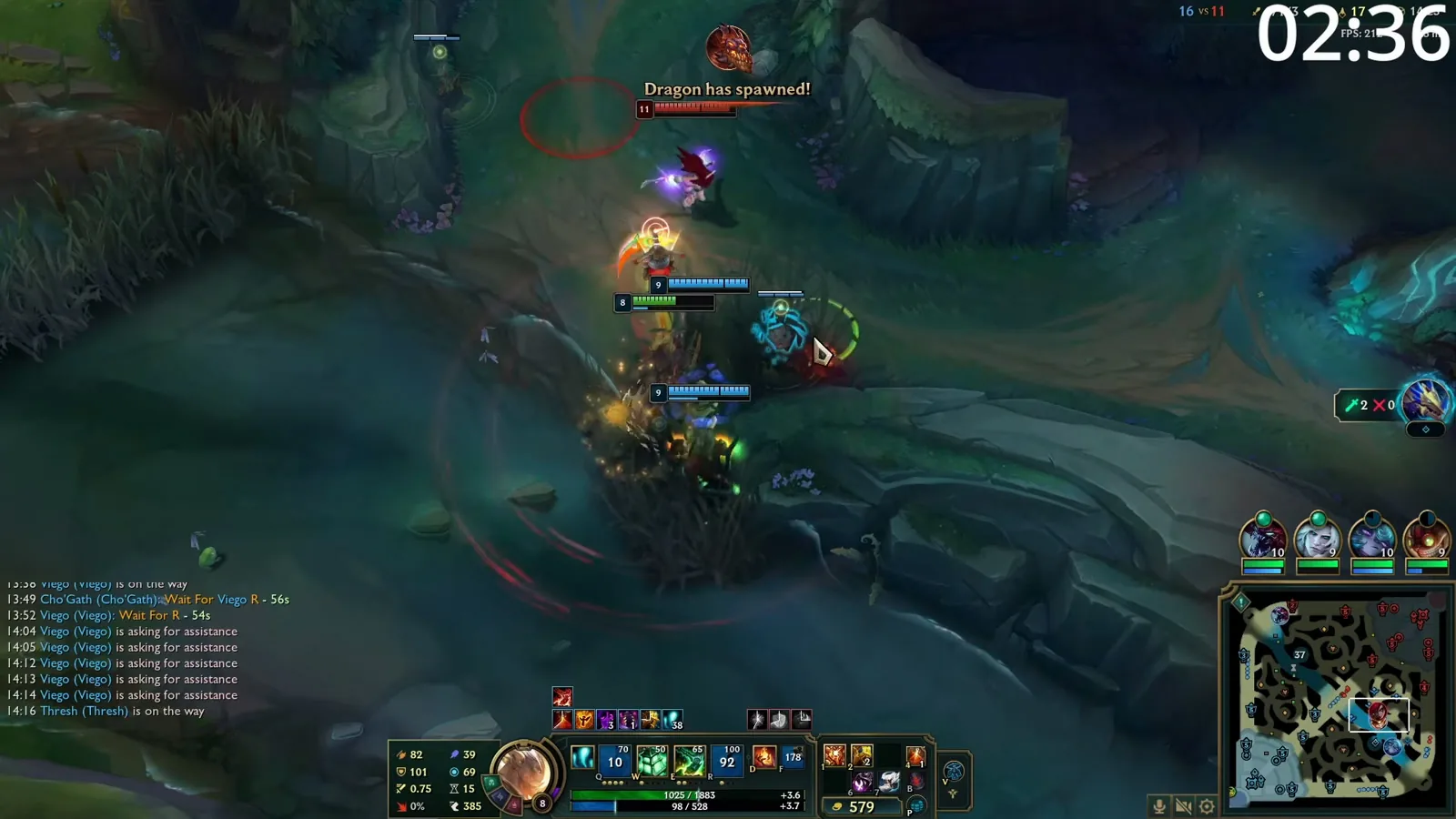 Thresh rotating to the Dragon pit with his team as Dragon spawns in the mid game