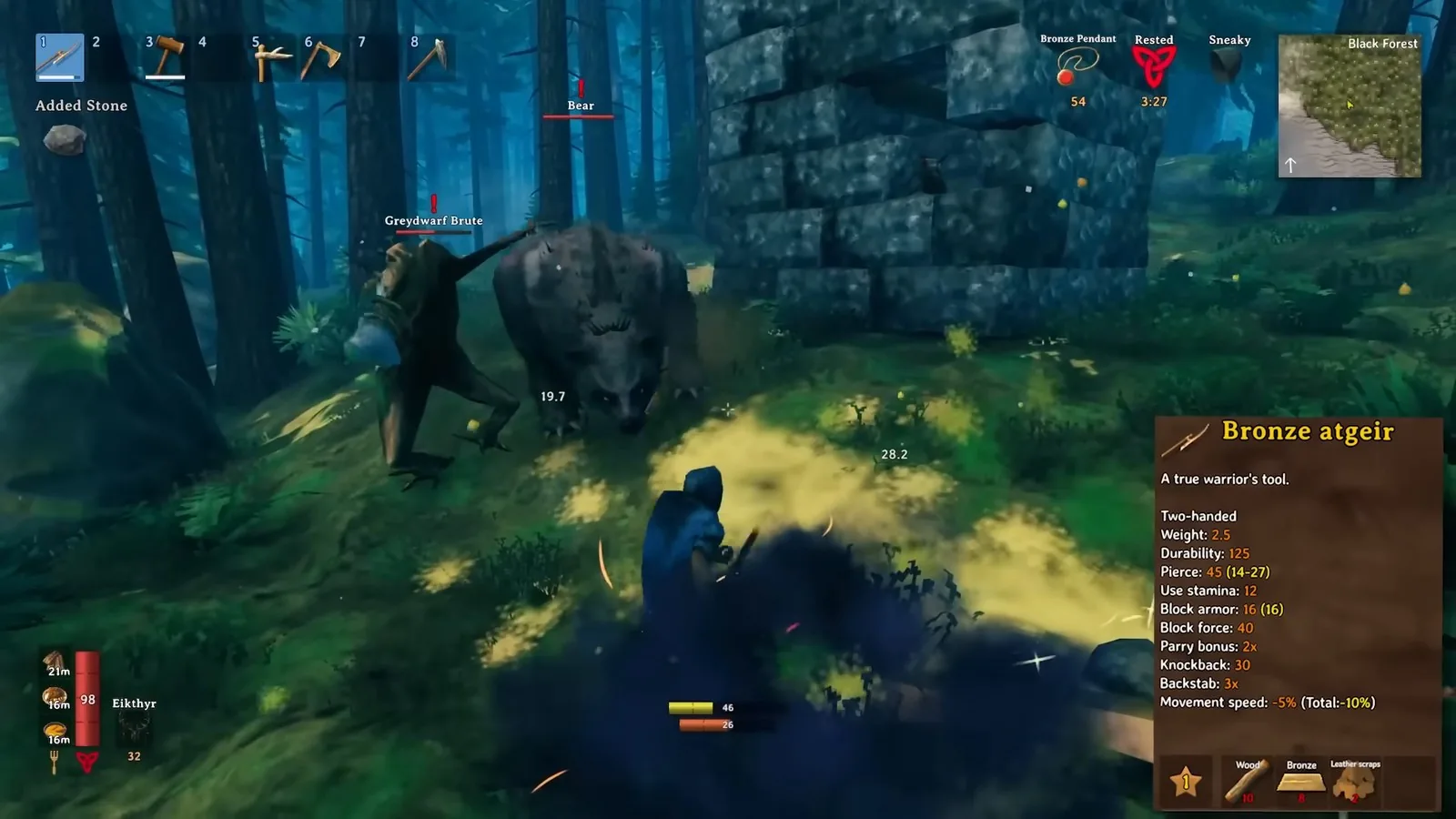 Bronze atgeir spin attack staggering a Troll in the Valheim Black Forest