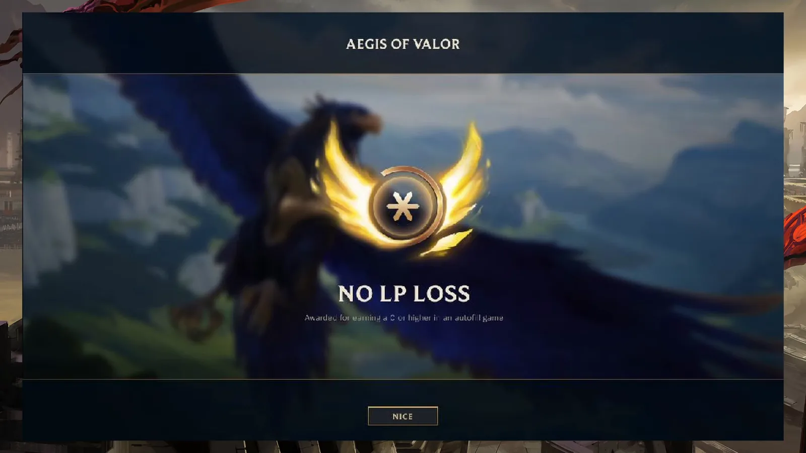 Aegis of Valor screen showing no LP loss in an autofilled ranked game
