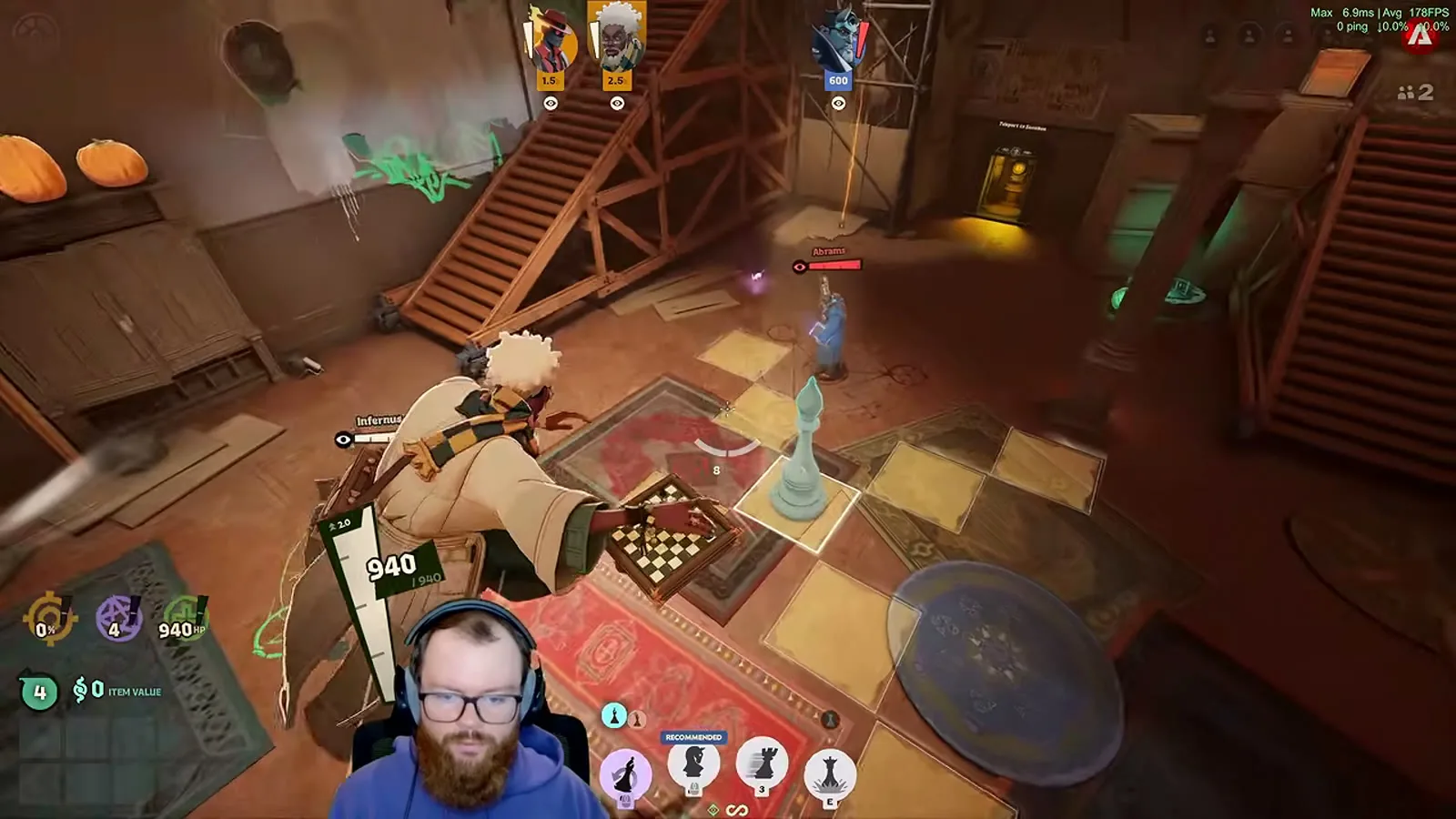 Solomon floating above a Deadlock city interior while steering a bishop, chessboard squares lit on the floor