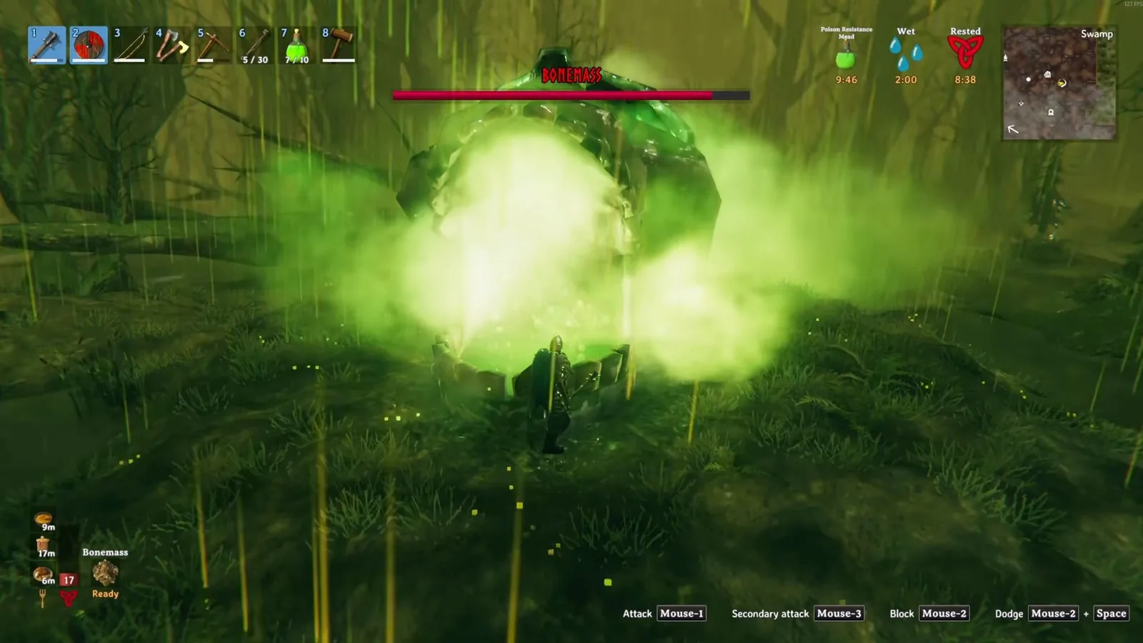 Bonemass vomiting a poison cloud while the player backs off to heal