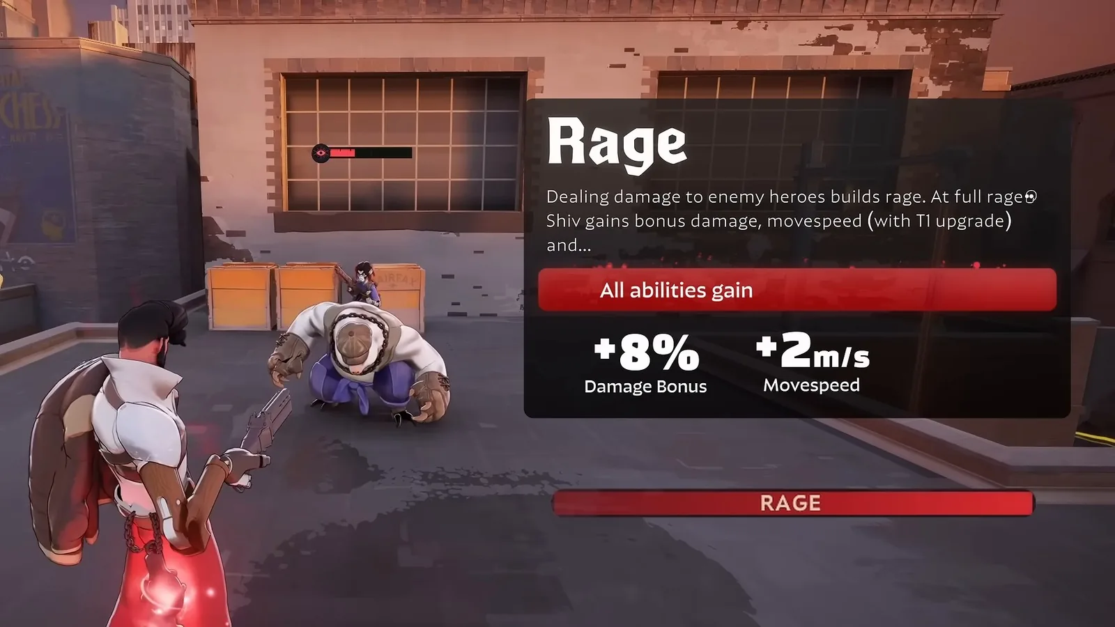 Shiv building rage against a dummy with the Rage card showing +8% damage and +2 m/s at full rage