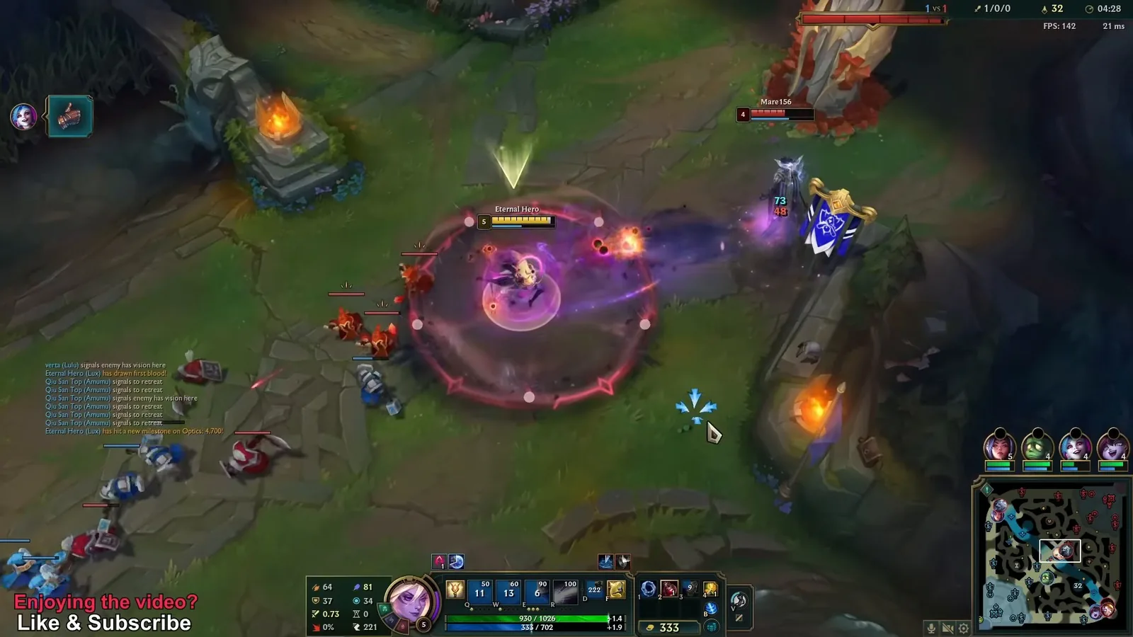Lux trading with Viktor next to the mid lane turret at 4:28