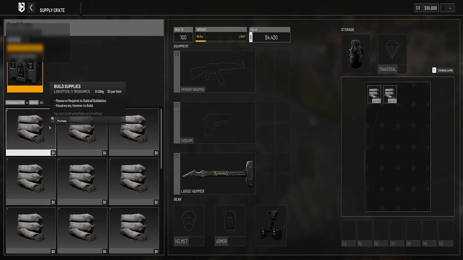 WARDOGS supply crate screen with build supplies selected next to the large hammer
