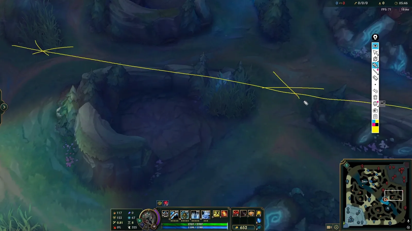 Vision line drawn across the river from turret to turret in Practice Tool