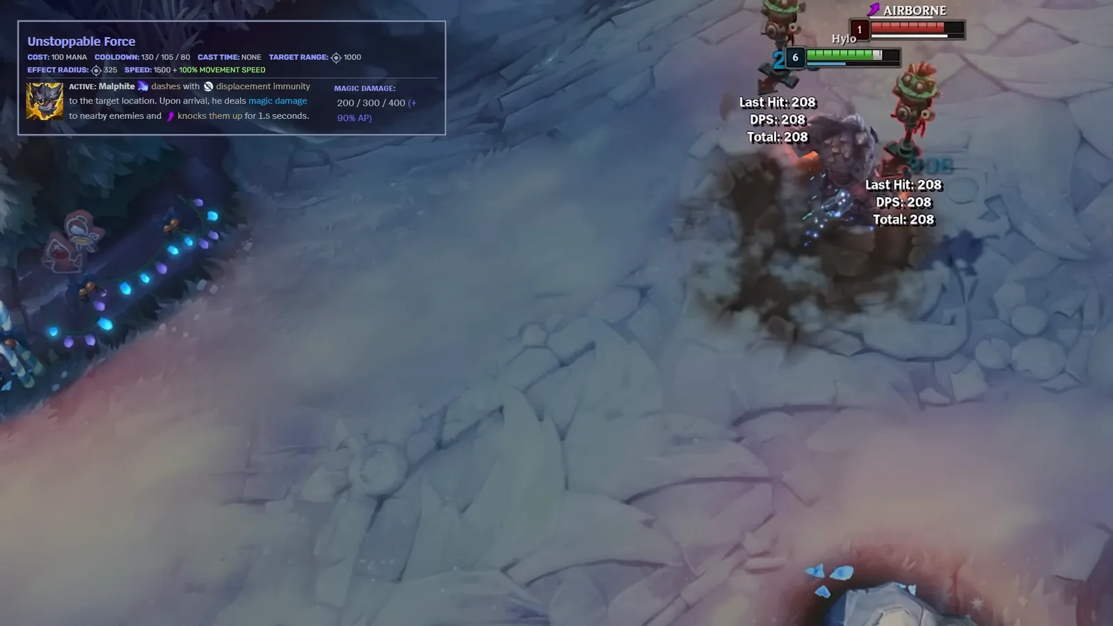 Malphite Unstoppable Force tooltip in Practice Tool with two target dummies knocked airborne