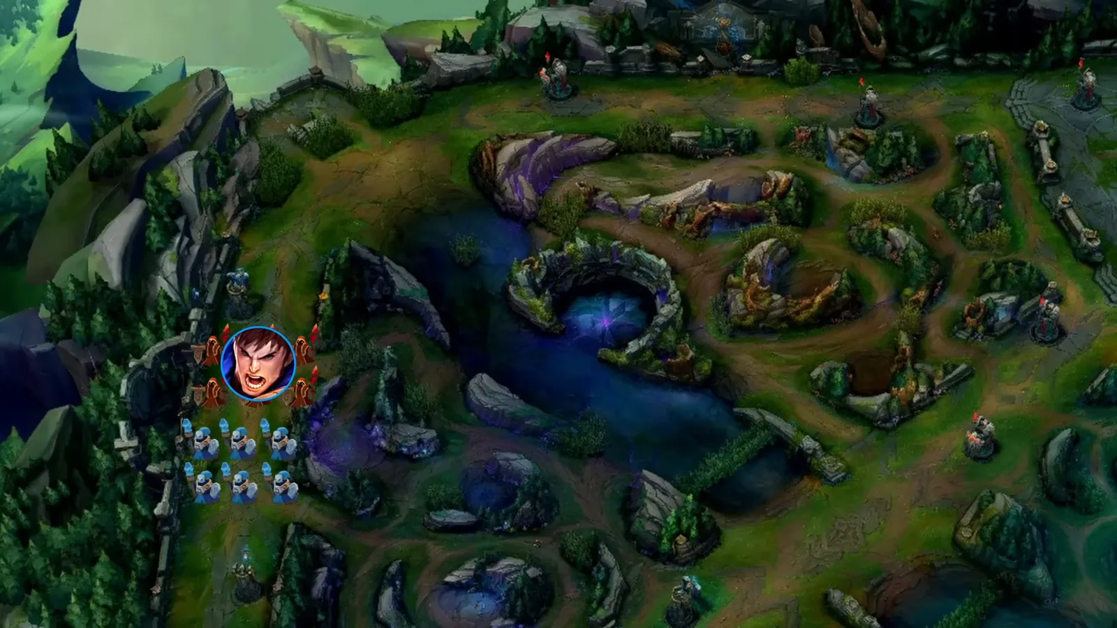 Top laner pushing a side lane wave past the river in the mid game