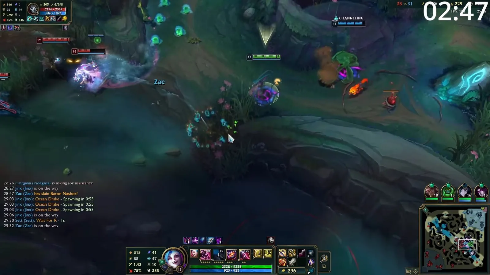 Jinx at 29 minutes with 75% crit and a late-game item set after Baron Nashor