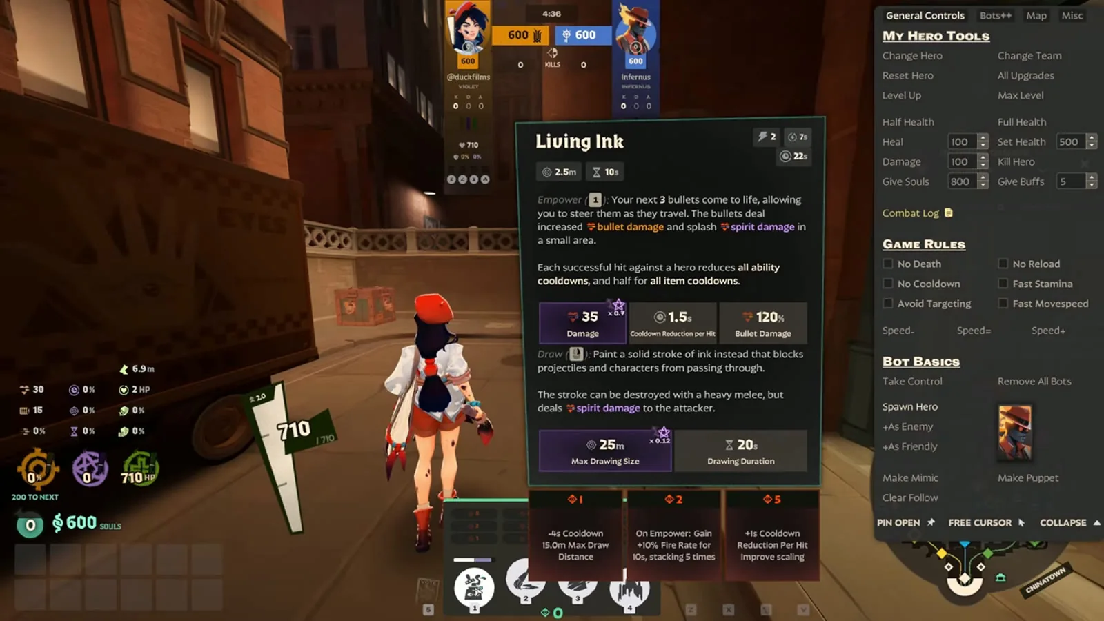 Violet Living Ink ability tooltip in Deadlock with 35 spirit damage, 1.5s cooldown reduction per hit and 120% bullet damage
