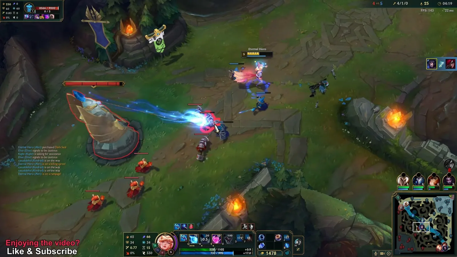 Ahri's Orb of Deception returning through enemy minions near the mid lane turret