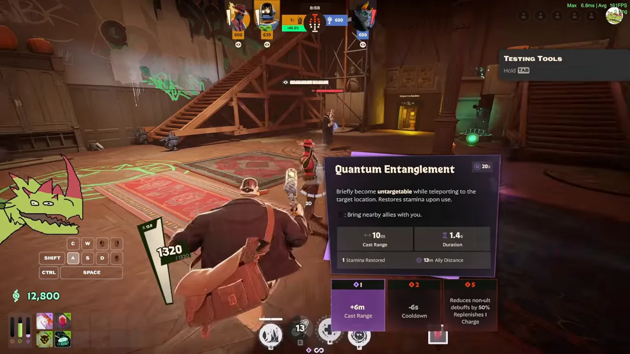 Quantum Entanglement tooltip showing 10 m cast range, 1.4 s duration and its three upgrades