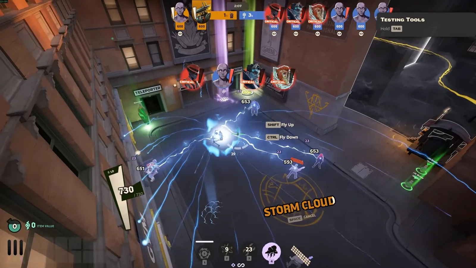 Seven floating inside Storm Cloud while lightning hits several targets