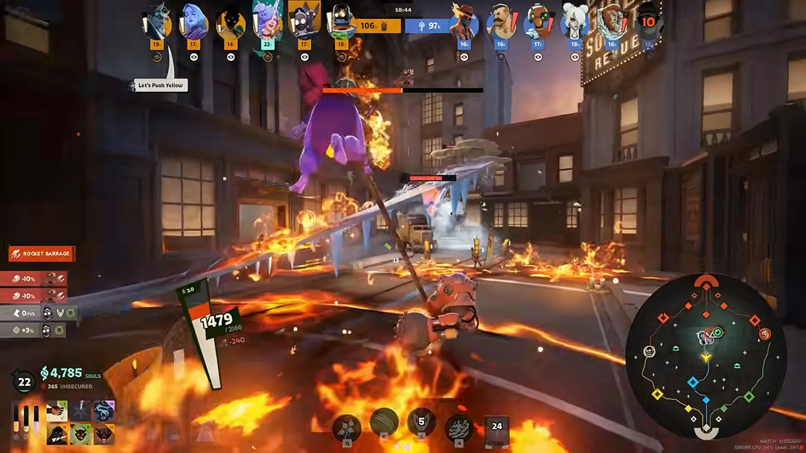 Calico in a Deadlock teamfight with fire and abilities exploding around her