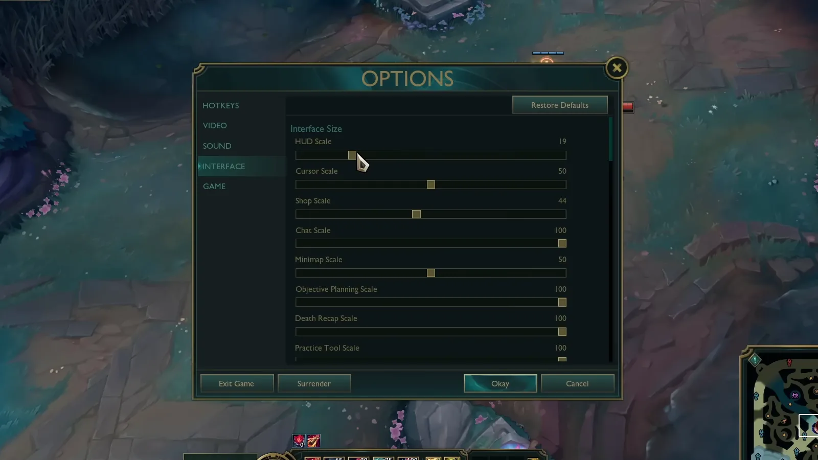 LoL Interface Size sliders for HUD scale, cursor, shop, chat and minimap scale