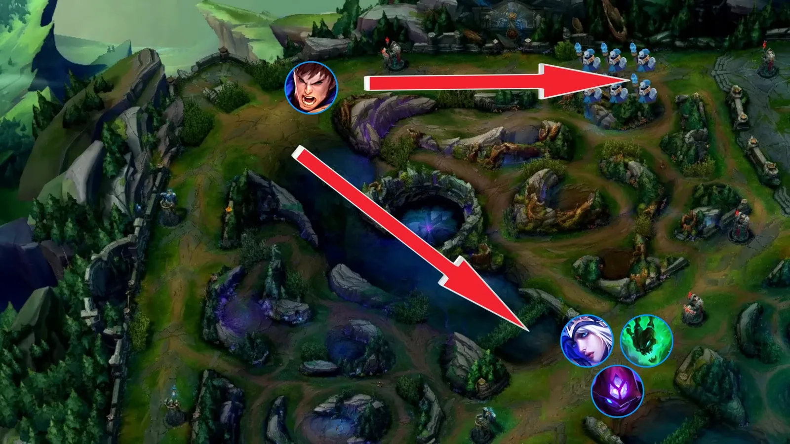 Map arrows showing a top laner choosing between split pushing and grouping with the team