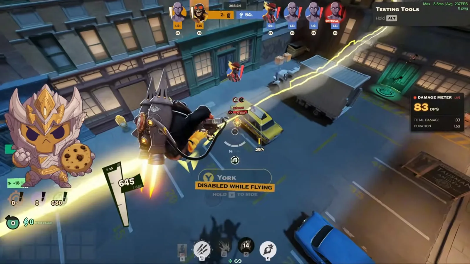 Deadman Danny casting Strix Salvo missiles along a street in Deadlock