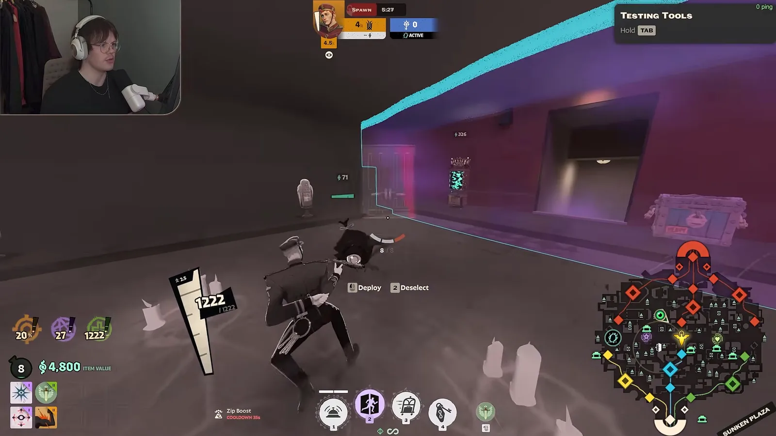 Doorman placing a door inside the Sunken Plaza purple fog in Deadlock