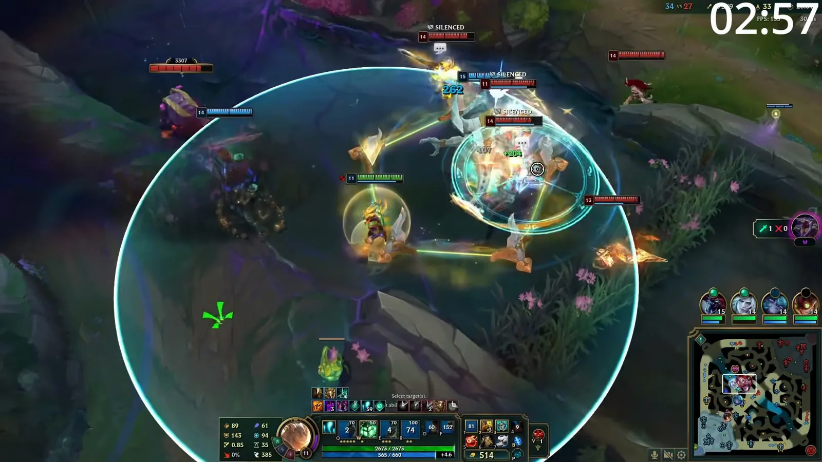 Thresh in a late-game teamfight with his ultimate and lantern around his carries