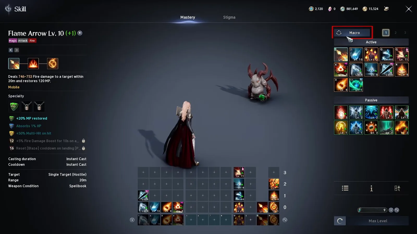 AION 2 skill window with the Macro tab highlighted for building a skill chain