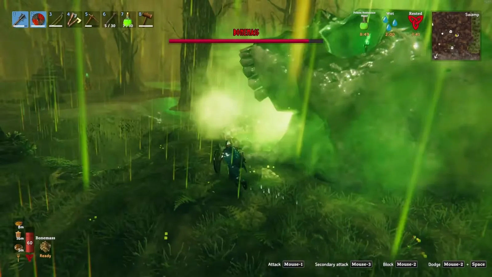 Fighting Bonemass with the Poison resistance mead buff active on the HUD