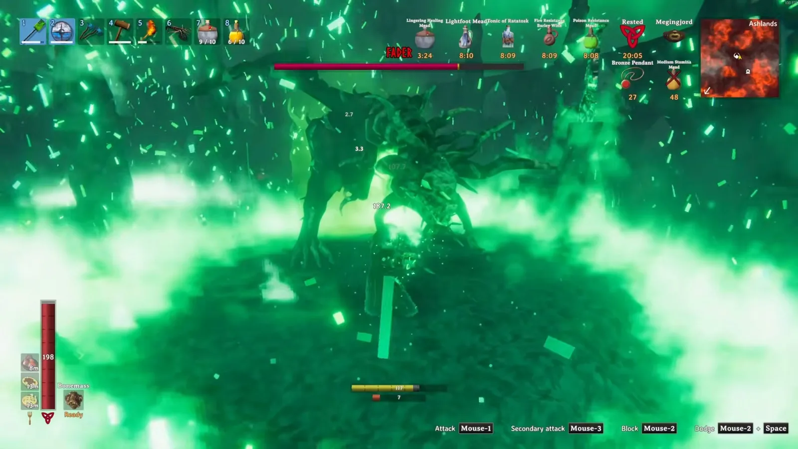 Fader's wall of fire forming a ring of green flames around the player