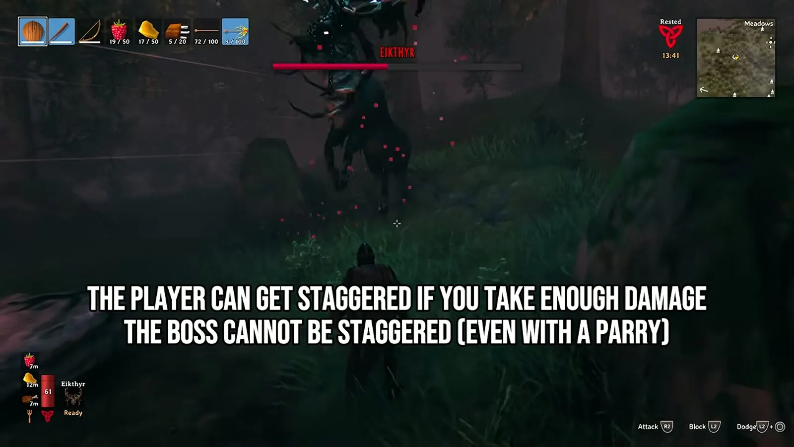 Melee fighting Eikthyr with the note that the player can be staggered but the boss cannot, even with a parry