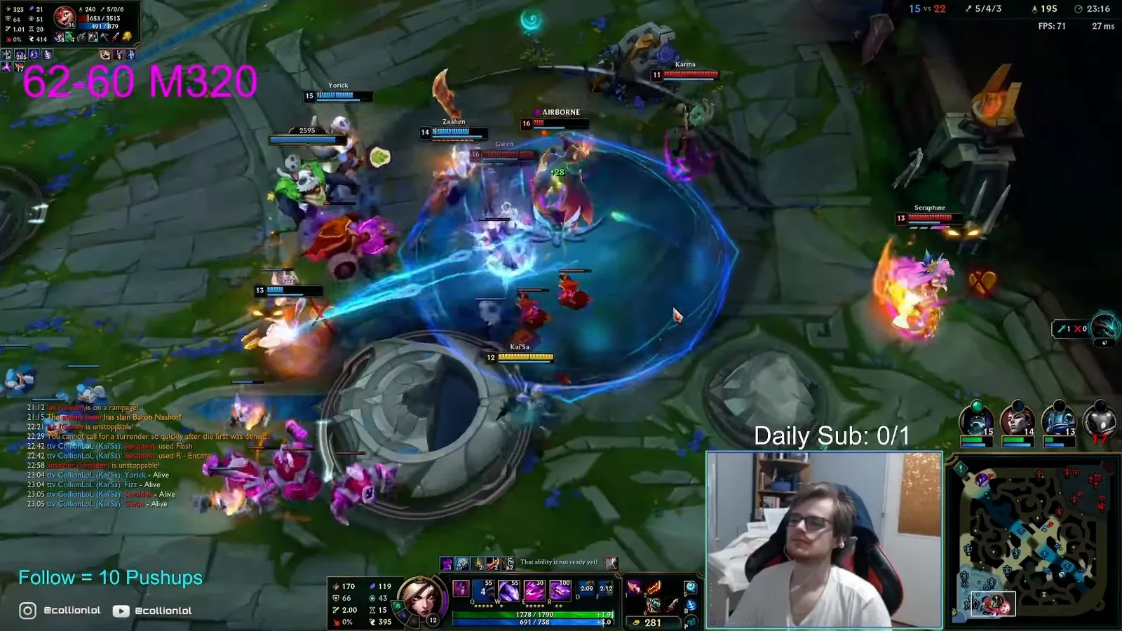 Kai'Sa teamfight near a turret with Icathian Rain missiles in the air