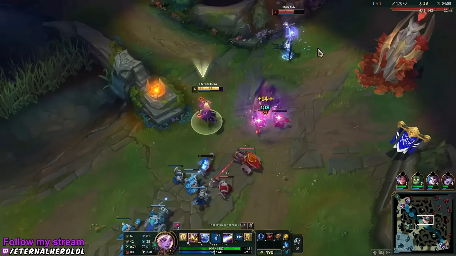 Lux last-hitting a caster minion in mid lane against Viktor at 4:58
