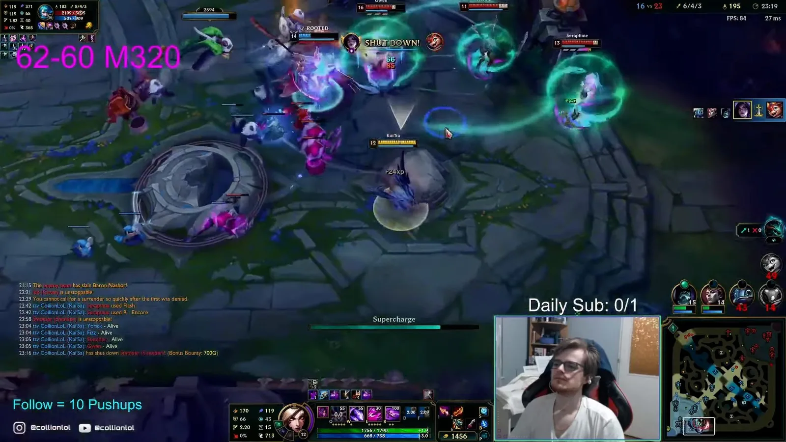 Kai'Sa charging Supercharge (E) in a teamfight as Icathian Rain missiles land