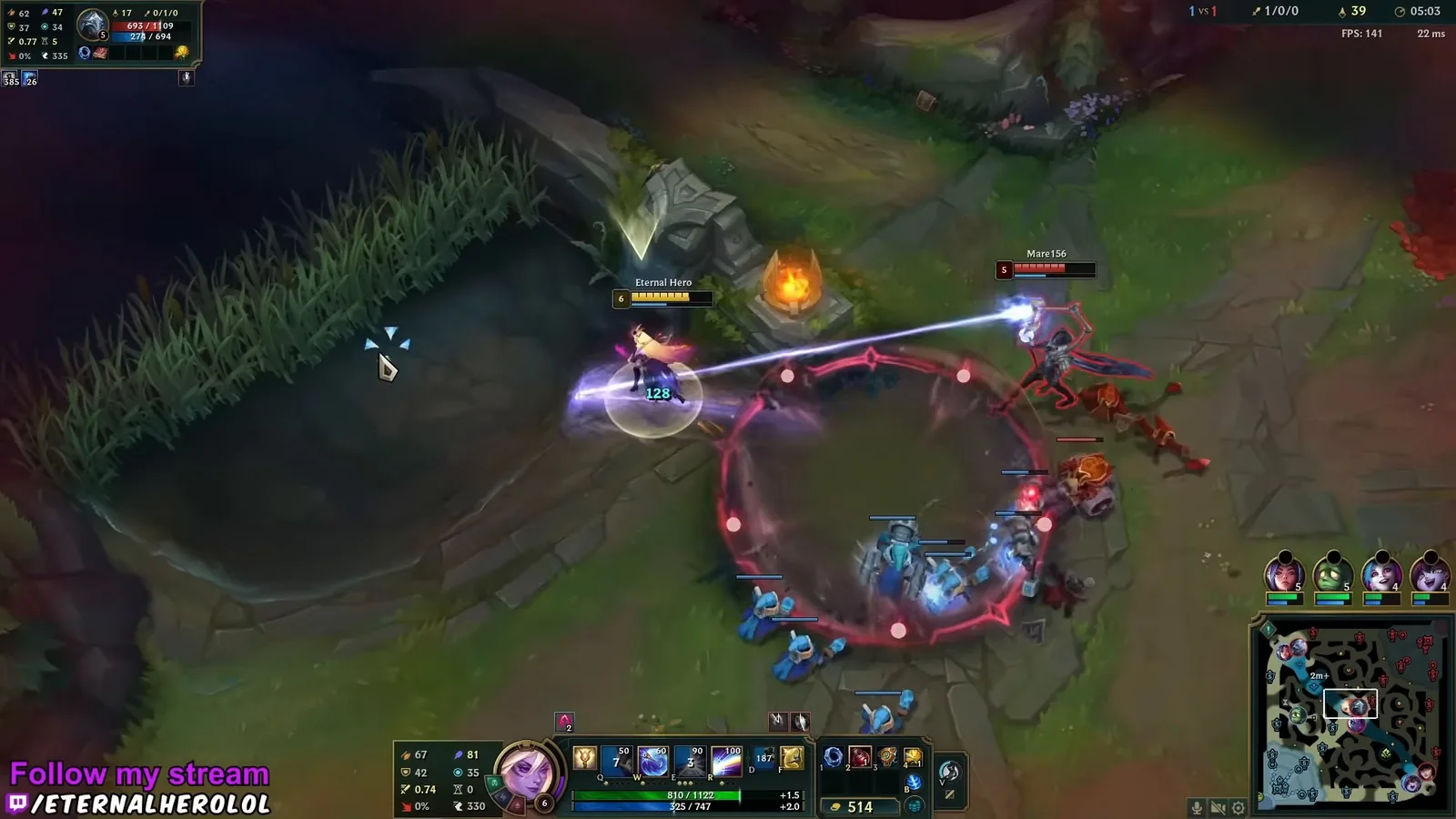 Lux's Light Binding beam reaching Viktor while Lucent Singularity sits on the minion wave