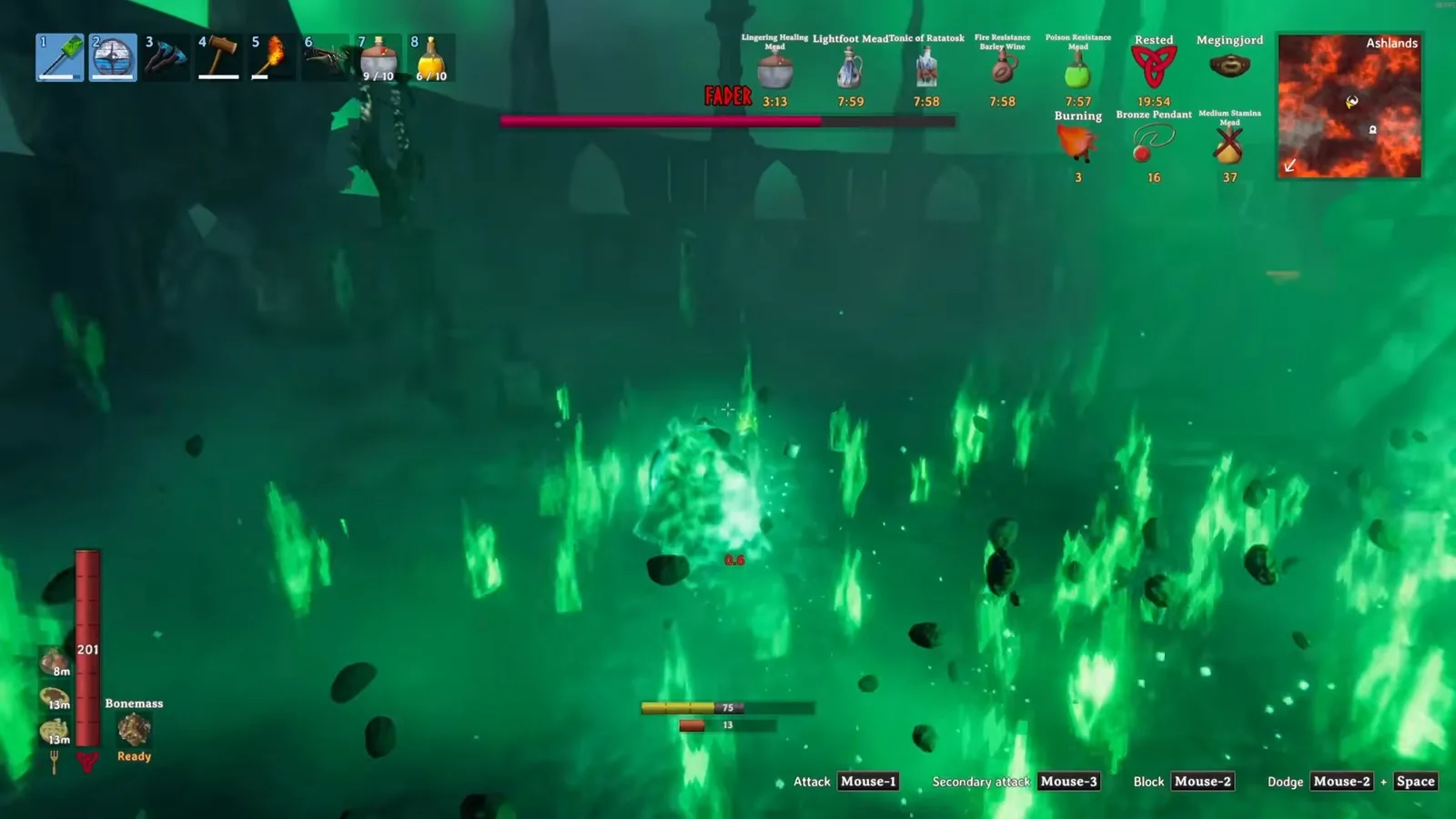 Green fire pools from Fader's meteor attack burning around the player