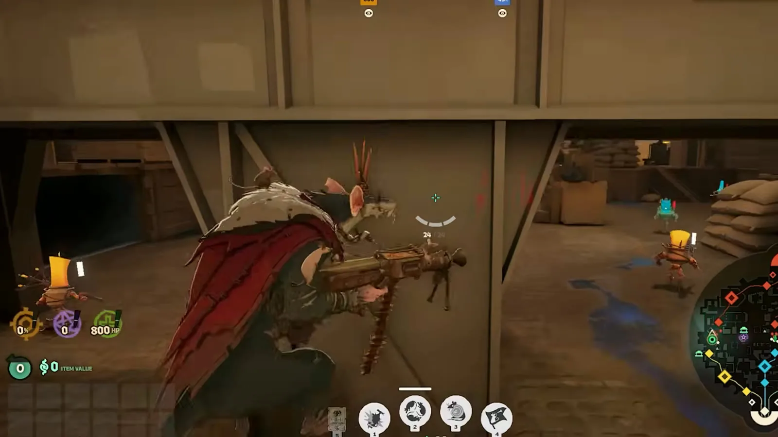 Rat King aiming his spreadshot gun Sovereign's Decree at an enemy in a narrow wooden corridor