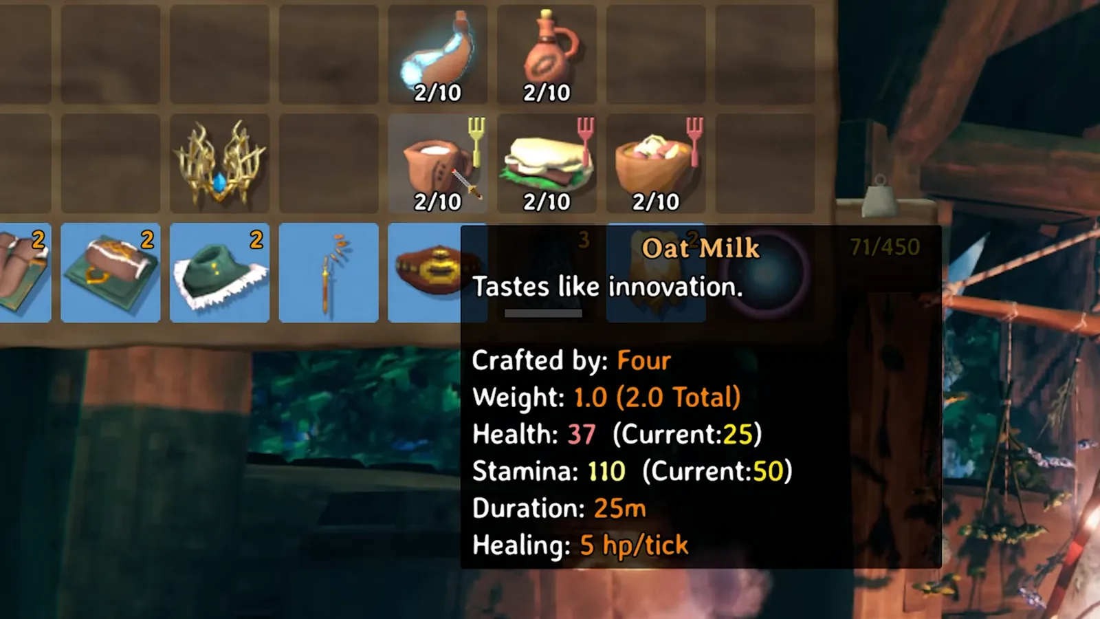 Oat Milk food tooltip in Valheim 1.0 showing 37 health, 110 stamina, 25 minutes and 5 hp per tick