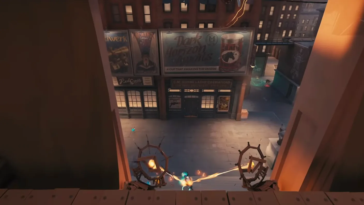 Vindicta shooting at a neutral camp from a high ledge in Deadlock