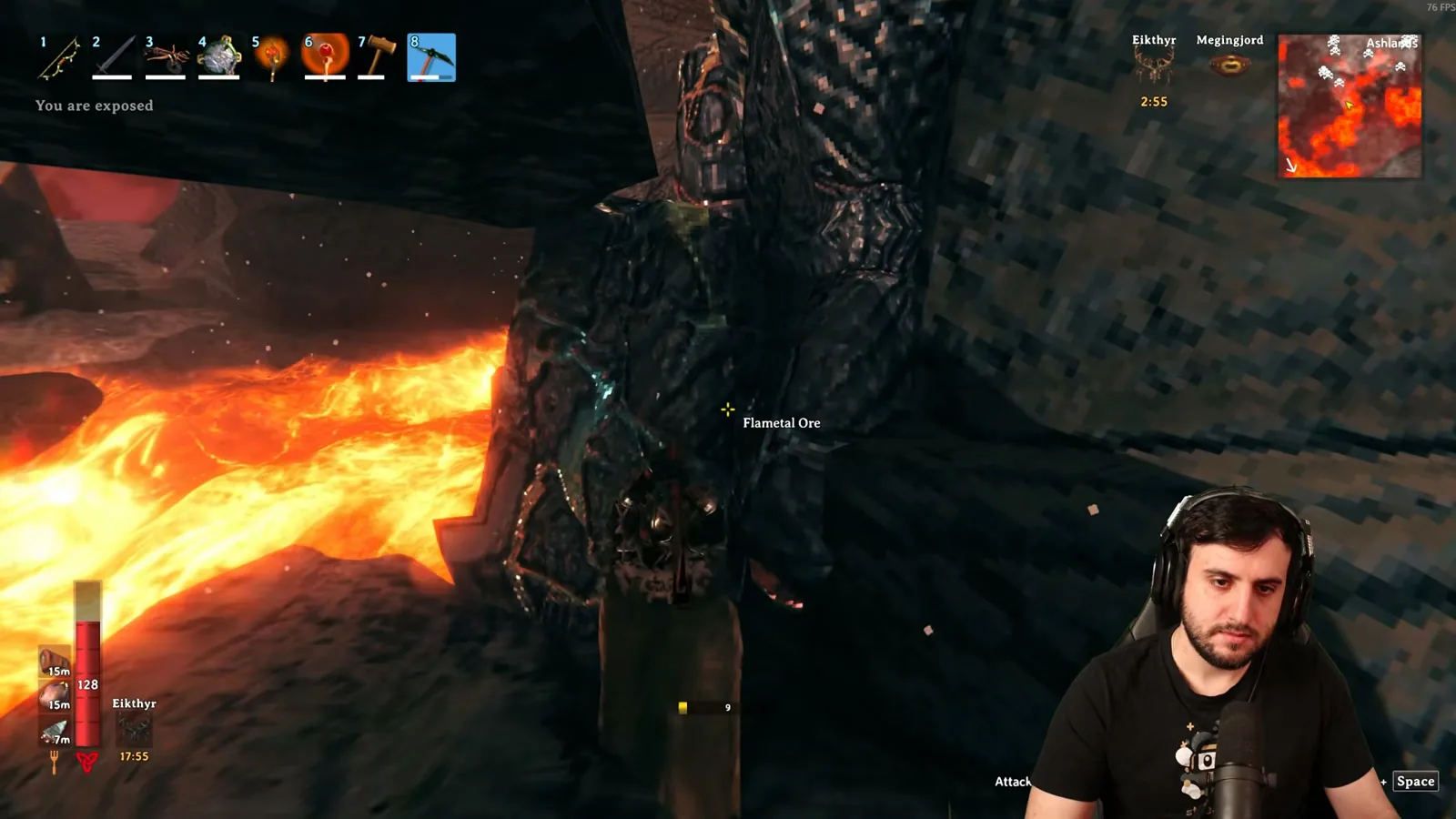 Flametal ore vein beside a lava stream in the Valheim Ashlands