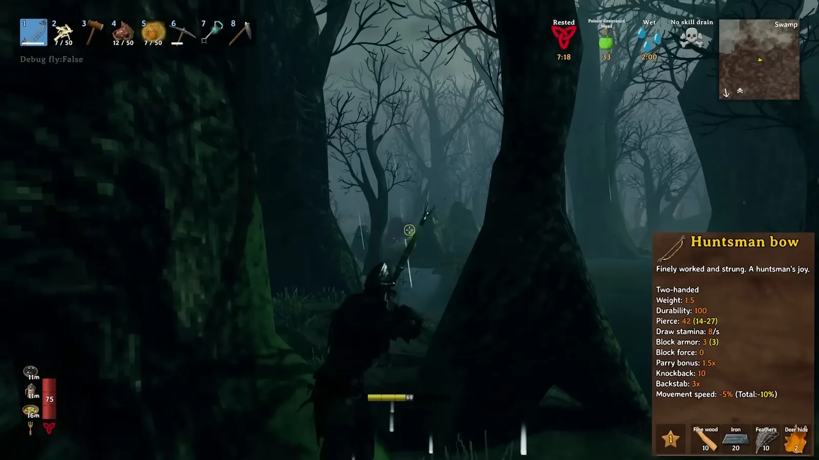 Huntsman bow tooltip while sneaking through the dark Valheim Swamp