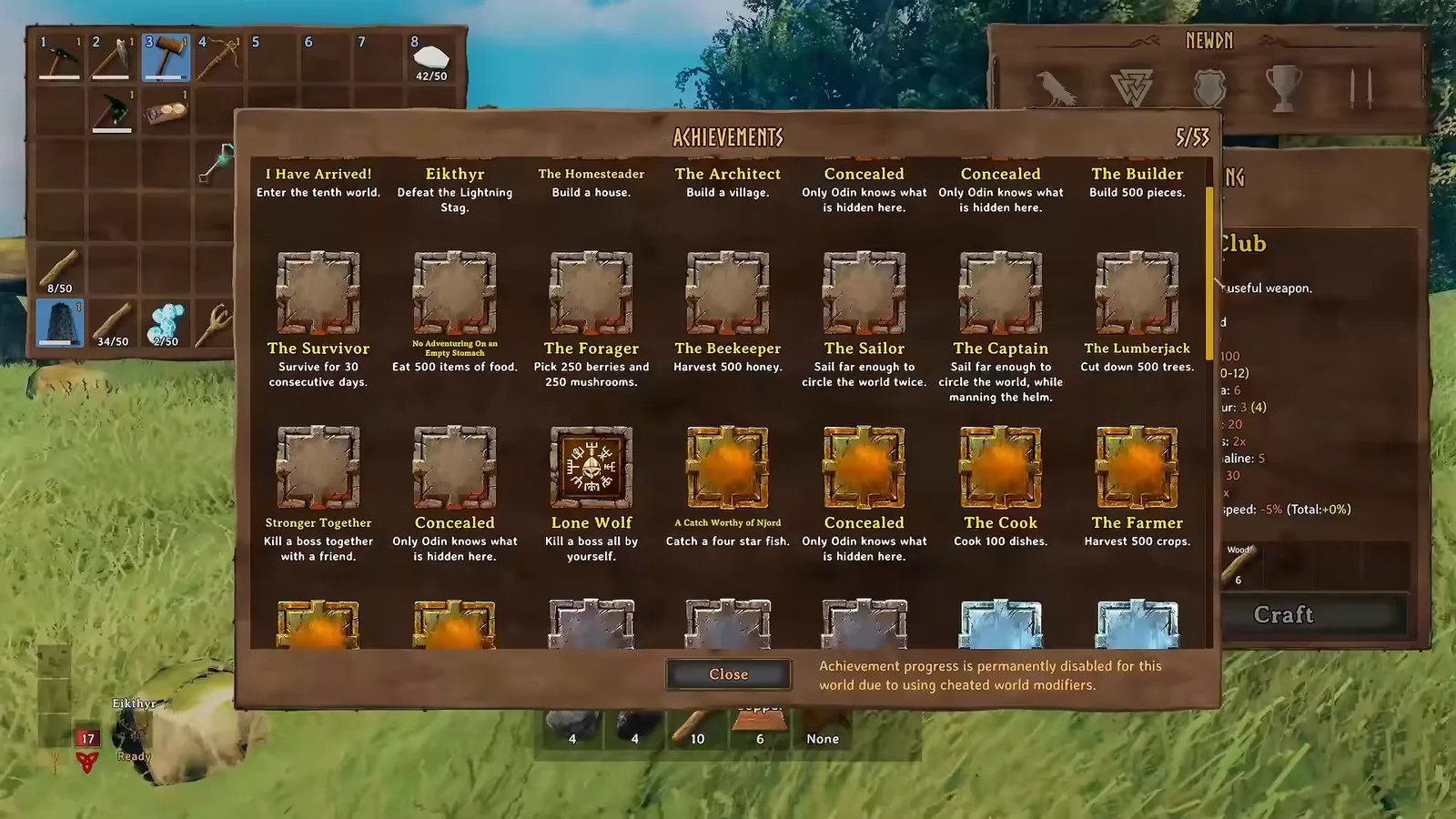 The Valheim 1.0 achievements panel listing the new in-game achievements
