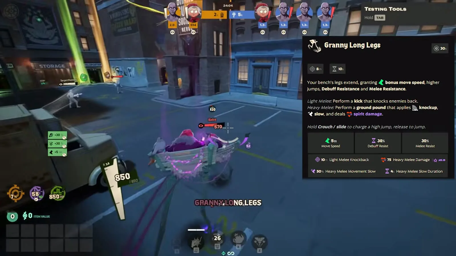 The Granny Long Legs tooltip in Deadlock listing bonus move speed, Debuff Resistance and Melee Resistance