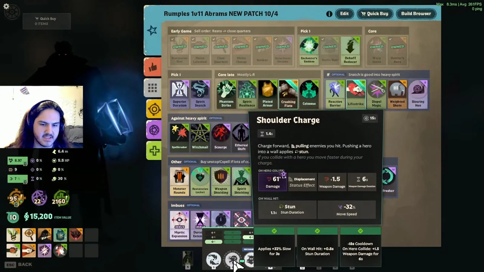 Abrams Shoulder Charge tooltip in Deadlock showing 1.1s wall stun, 32% slow and the three tier upgrades