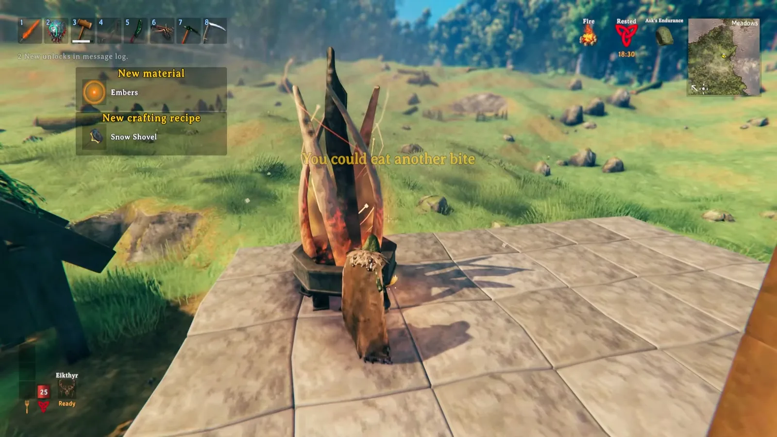 Eternal Pyre in Valheim producing Embers, with the new Snow Shovel recipe unlocked for clearing Deep North snow