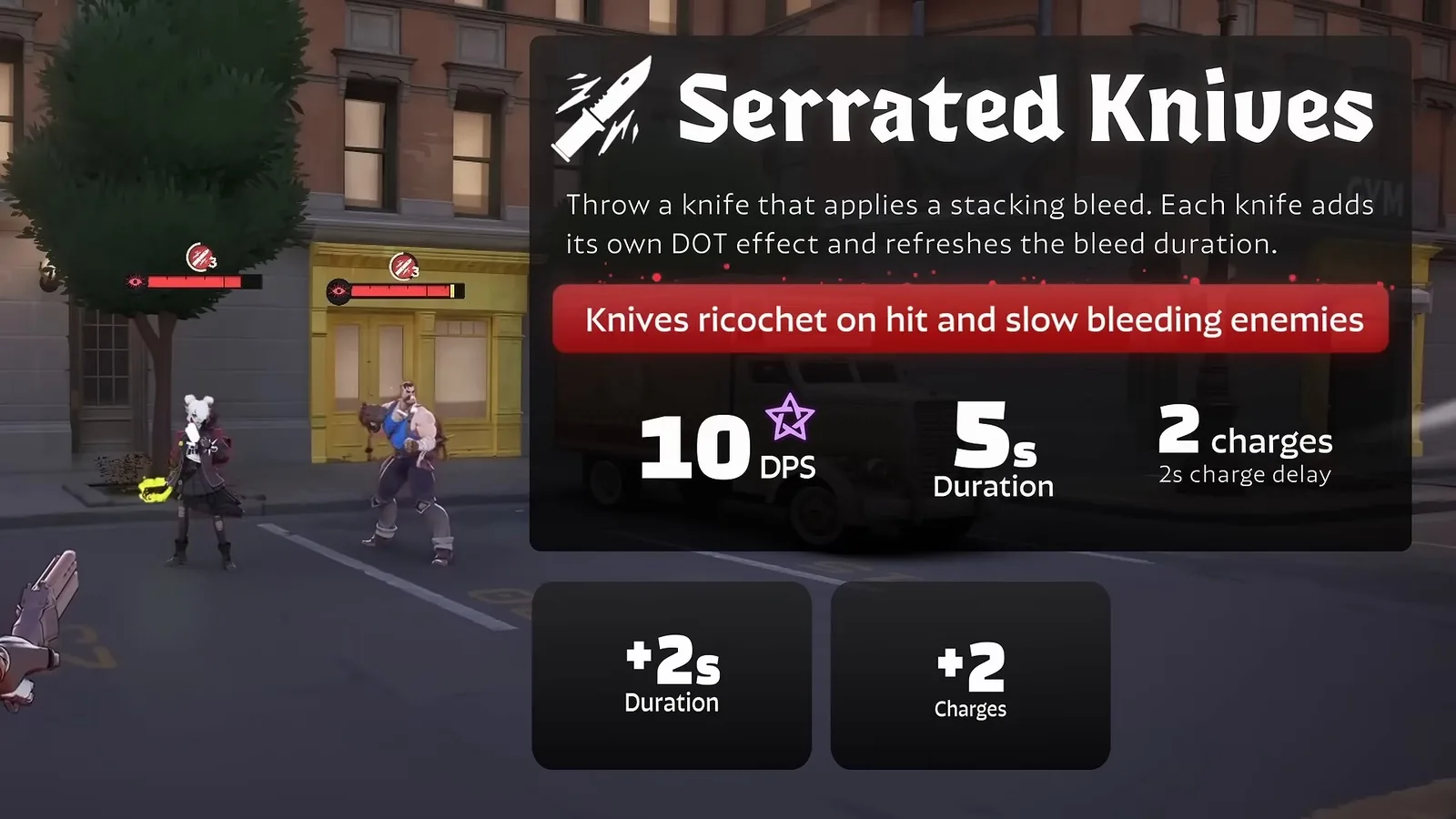 Serrated Knives card showing 10 bleed DPS, 5s duration and 2 charges as Shiv throws knives at a target