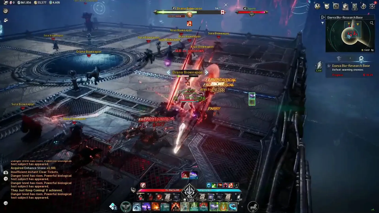 AION 2 Gladiator hitting several Bioweapon mobs with greatsword crits in Daeva Bio-Research Base