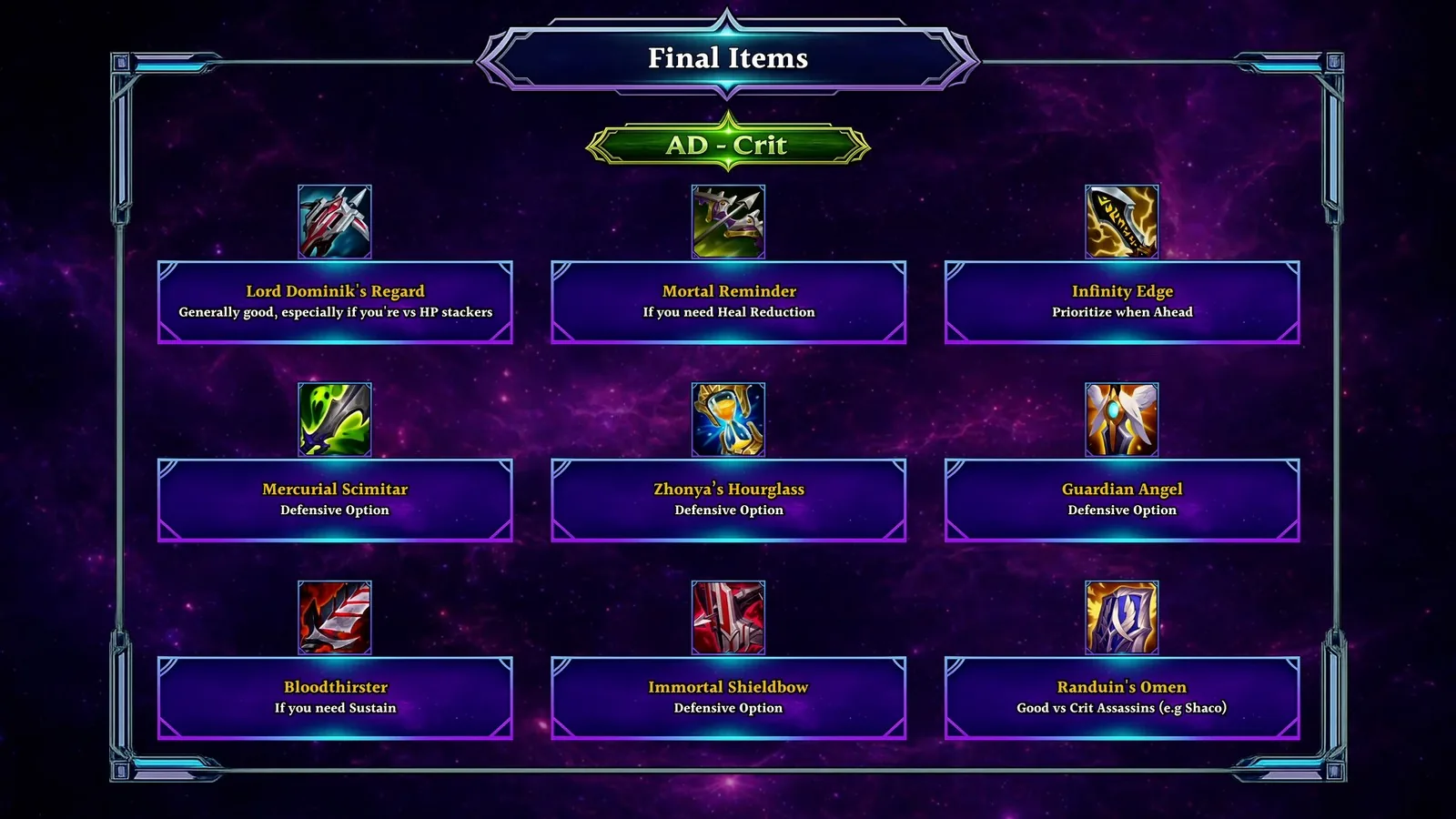 Kai'Sa AD crit final items: Lord Dominik's, Mortal Reminder, Infinity Edge and defensive options