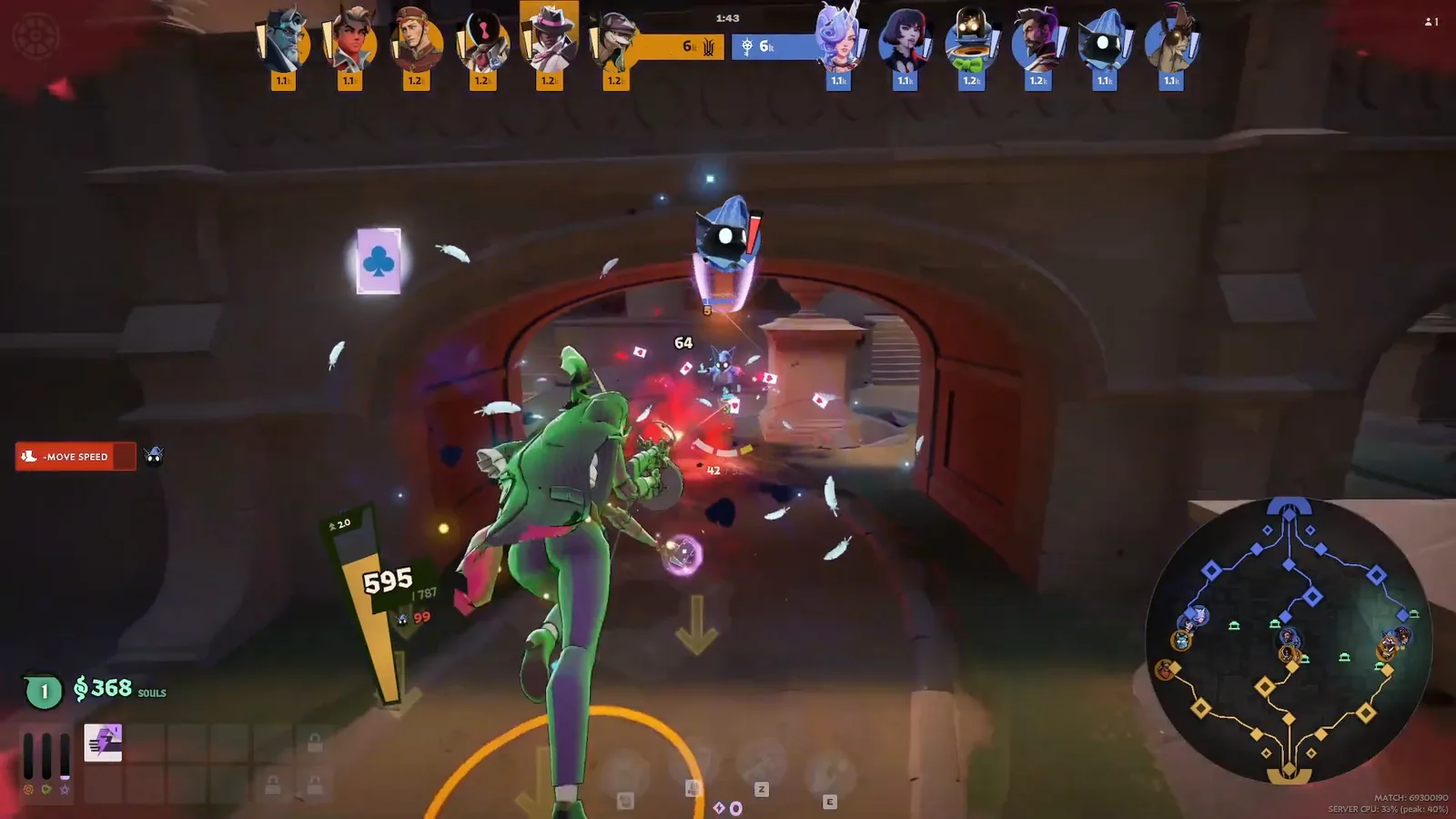 Wraith throwing Card Trick cards at an enemy hero during a lane fight in Deadlock