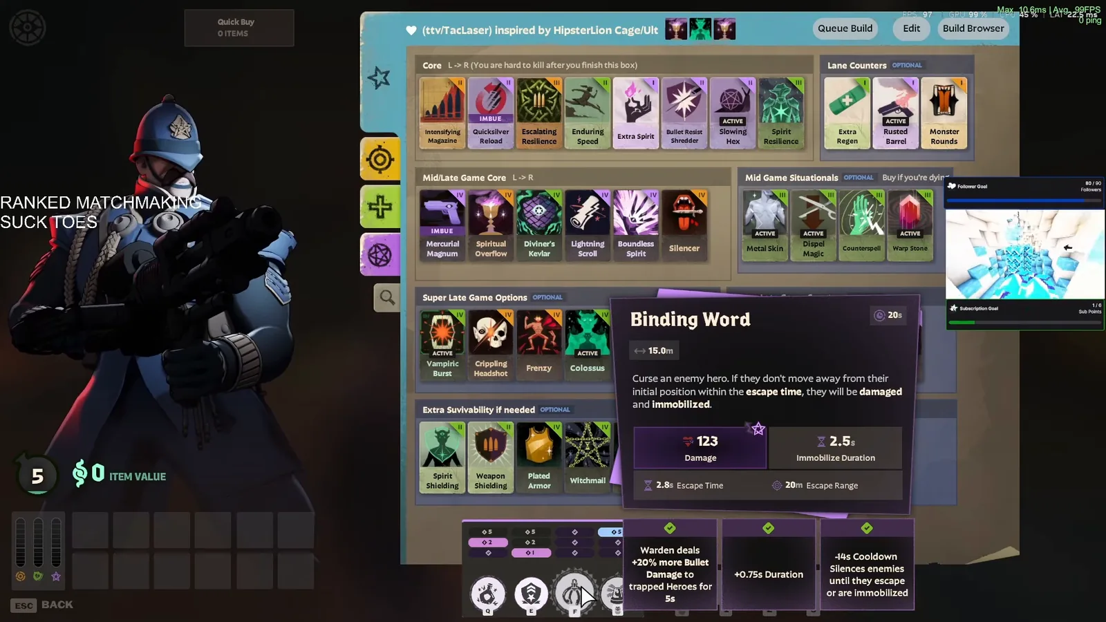 Binding Word upgrade tiers shown over TacLaser's Warden build in the Deadlock shop