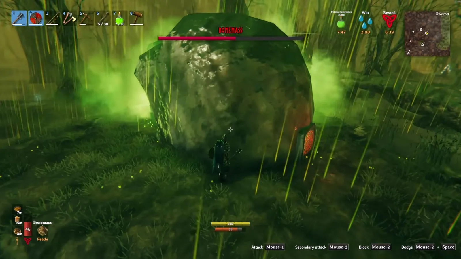 A player in iron armour with an iron mace fighting Bonemass at close range