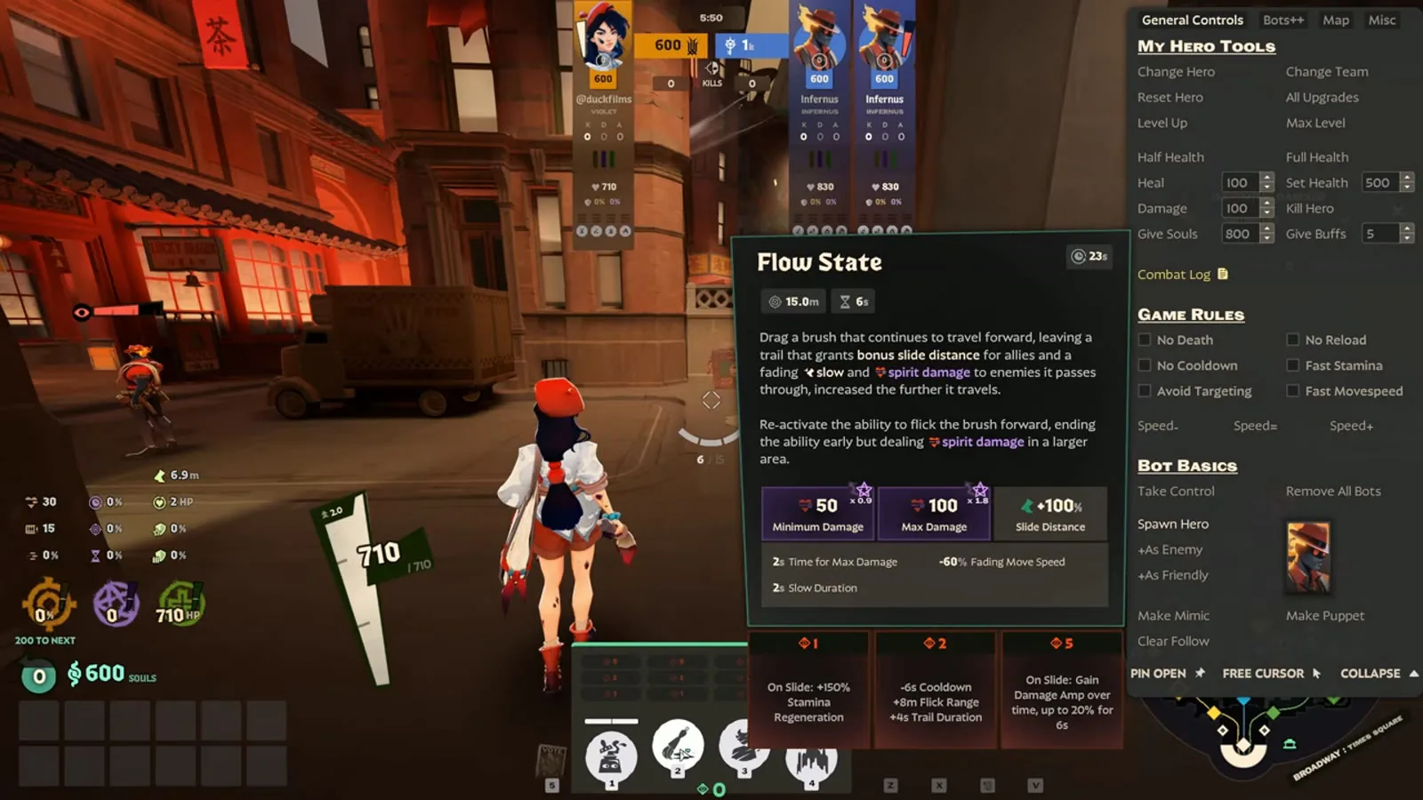 Violet Flow State tooltip in Deadlock showing 50 to 100 spirit damage, 100% slide distance and 60% fading slow