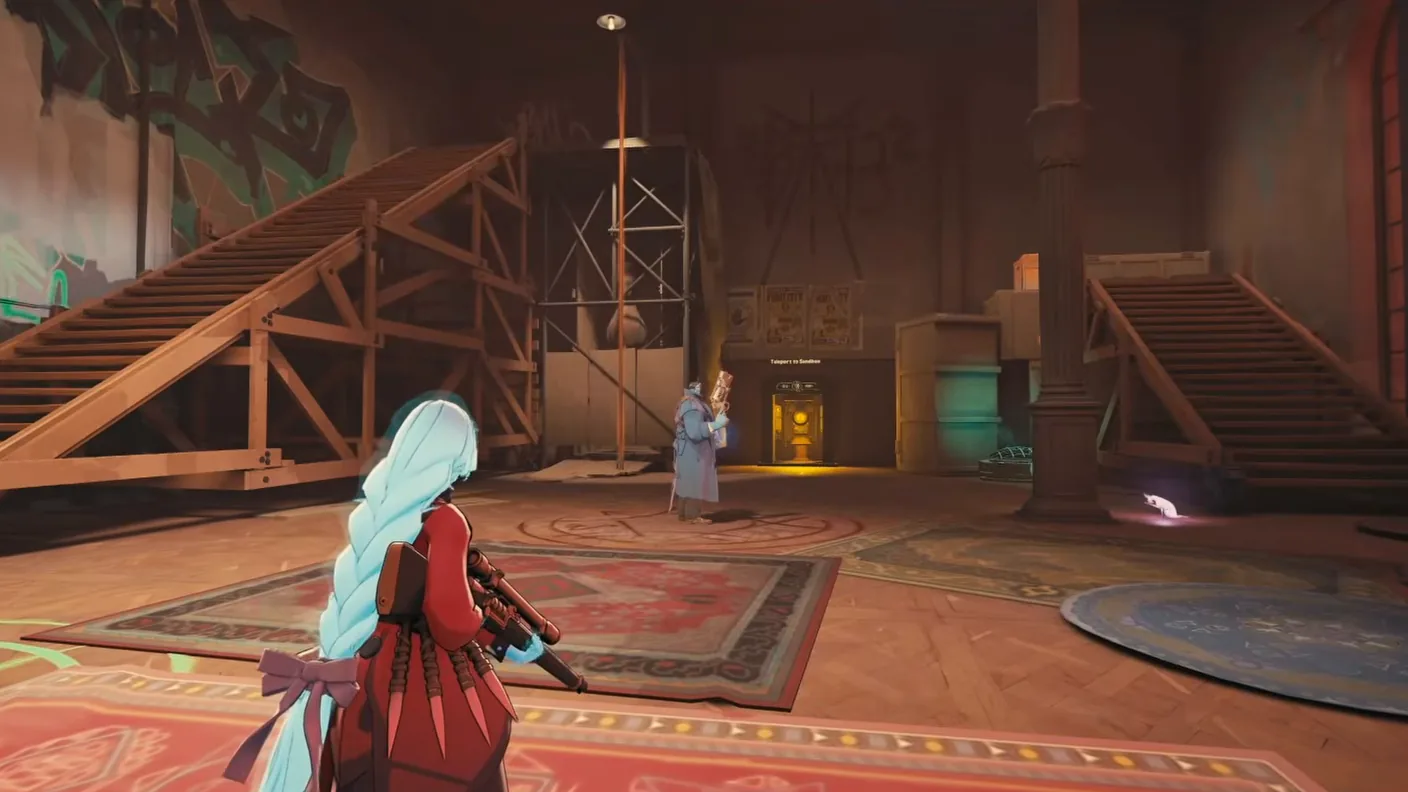 Vindicta holding her rifle in a Deadlock lane interior, seen from behind