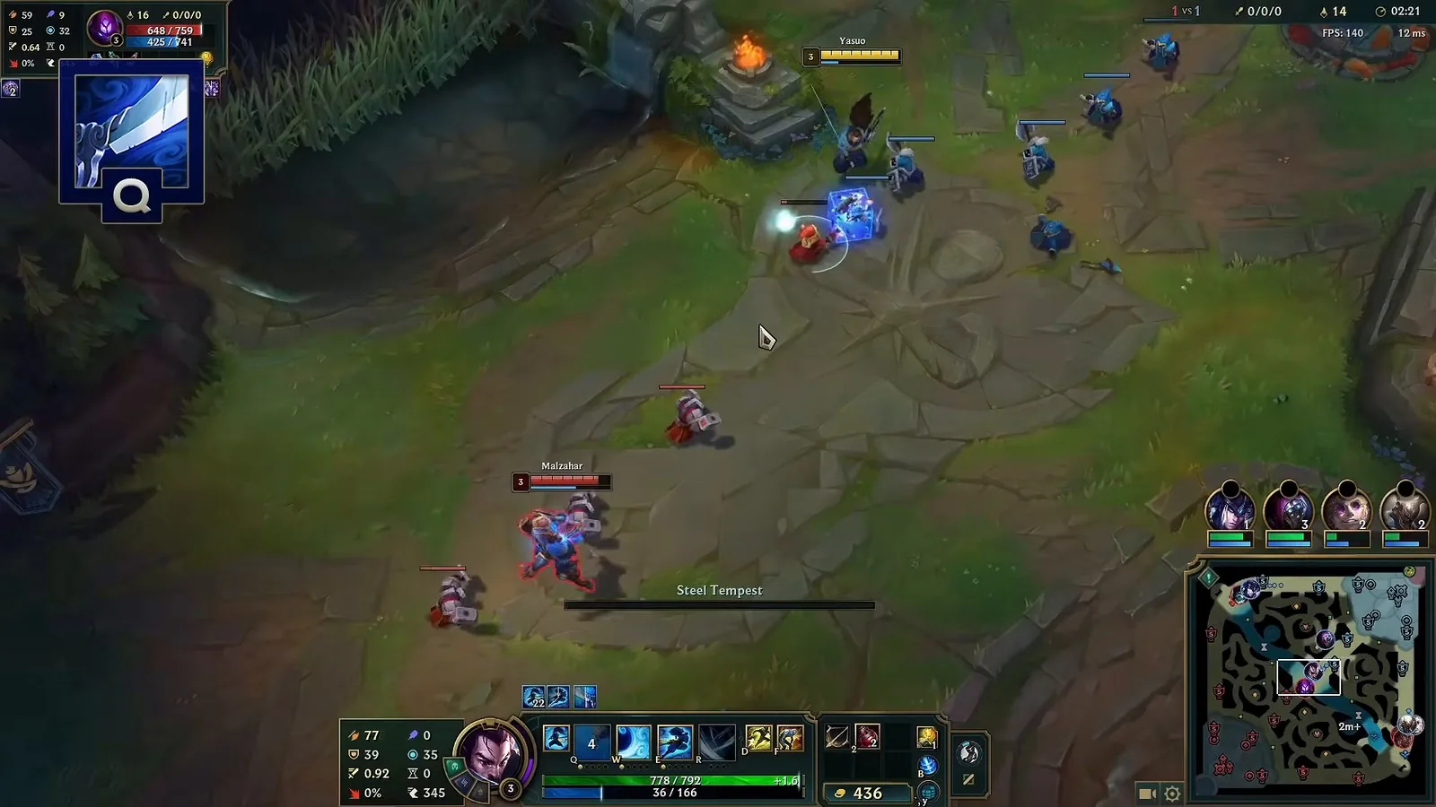 Yasuo casting Steel Tempest (Q) through the minion wave in mid lane